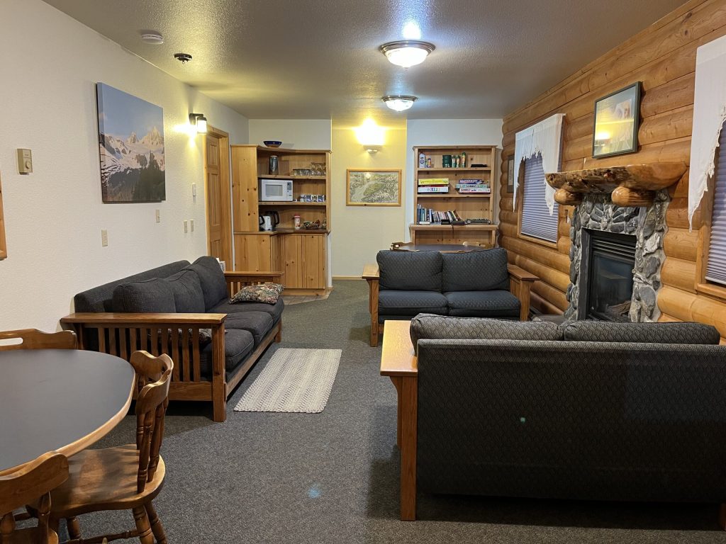 A cozy living room featuring two couches, a wooden coffee table, and a dining table with chairs. The room has a stone fireplace, wooden accents, and shelves with books and kitchen items, illuminated by overhead lighting.